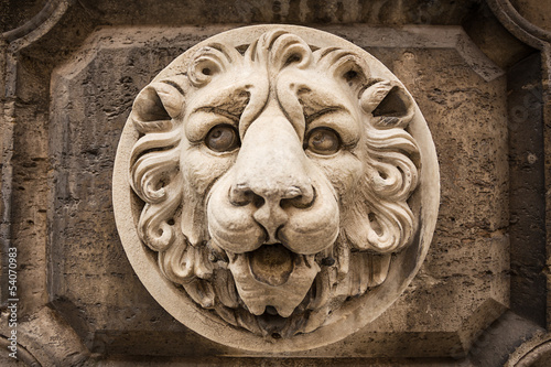 Fotografie stone lions muzzle on a wall in Rome. Italy.