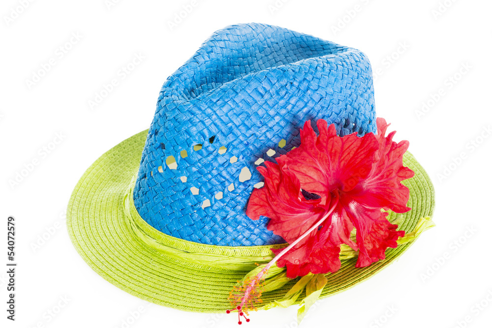 Blue and green summer panama straw hat isolated on white Blue and green summer panama straw hat isolated on white