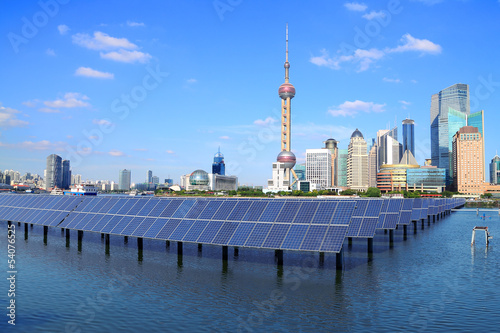 Shanghai Bund skyline landmark at Ecological energy Solar panel