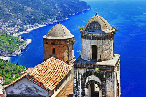 mountain village Ravello. view with old church. Amalfi coast of
