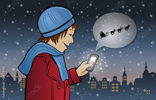 Mädchen Maria bekommt einen Weihnachtsgruß auf ihr Handy