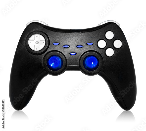 black joystick with gray and blue buttons