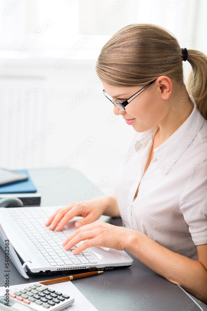 Portrait of happy accountant woman touching notebook's keypad Portrait of happy accountant woman touching notebook's keypad