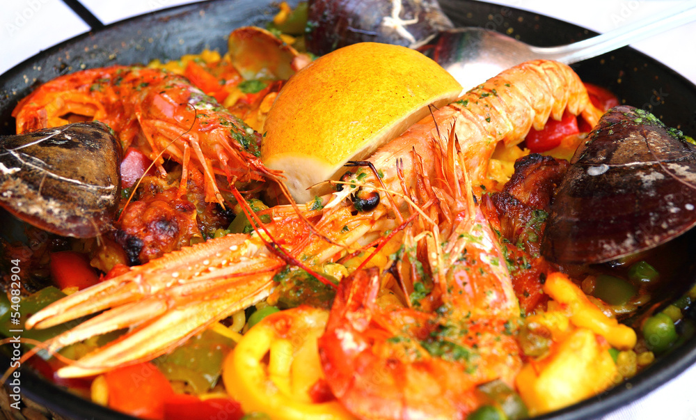 Spanish paella with seafood in a pan Spanish paella with seafood in a pan