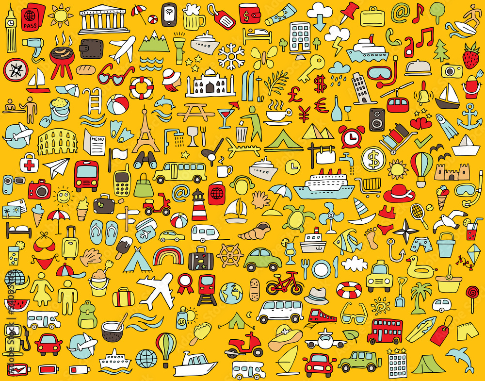 Big doodled travel and tourism icons collection Big doodled travel and tourism icons collection