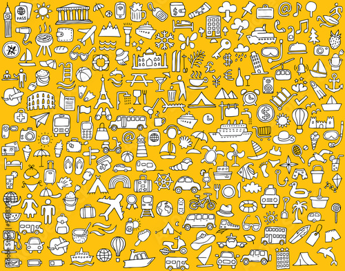 Big doodled travel and tourism icons collection