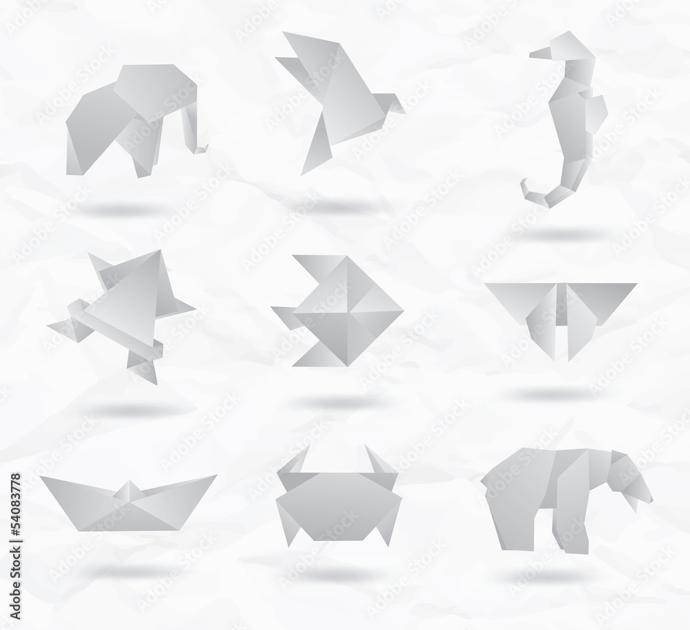 Set of white origami animals symbols from paper