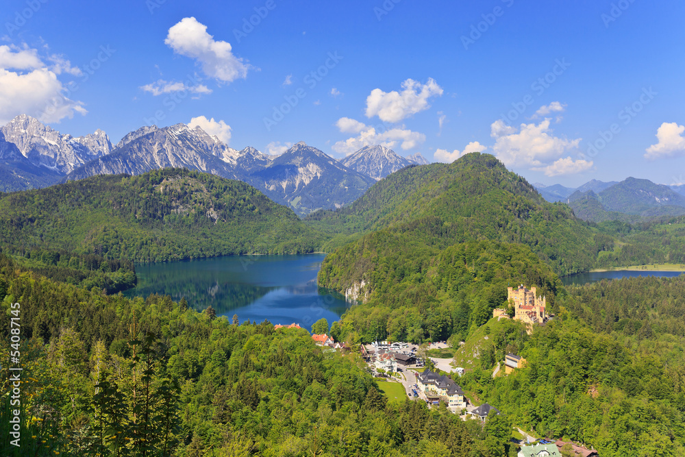Landscape of Bavarian Alps in Germany and Hohenschwangau Castle