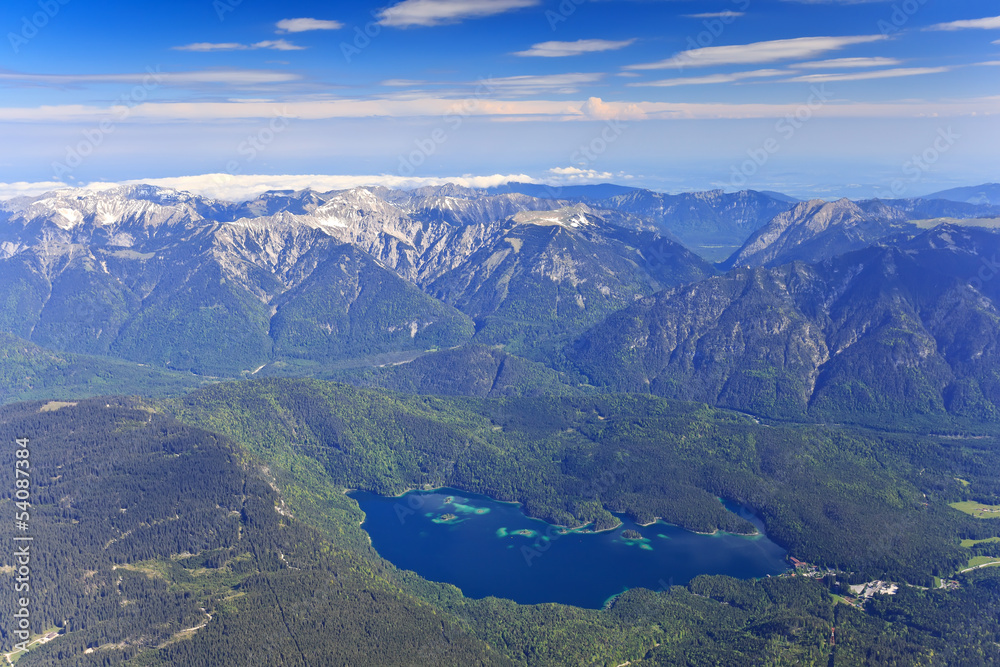 Fototapeta premium Eibsee lake view from Zugspitze top of Germany