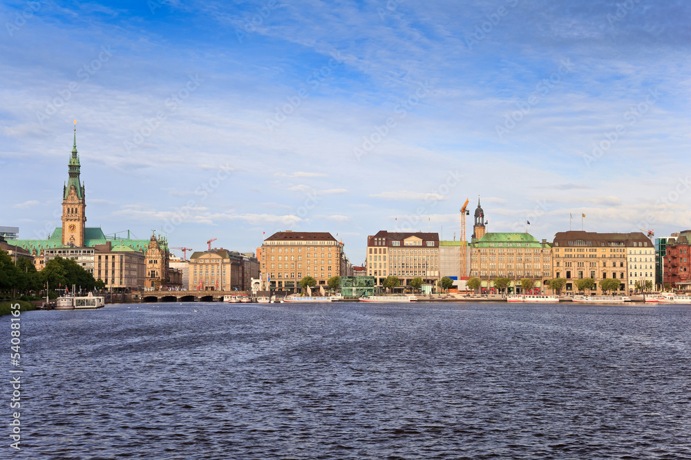 Alster Lake and Downtown of Hamburg city, Germany
