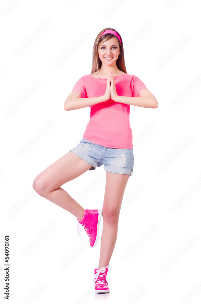 Young woman doing exercises on white Young woman doing exercises on white