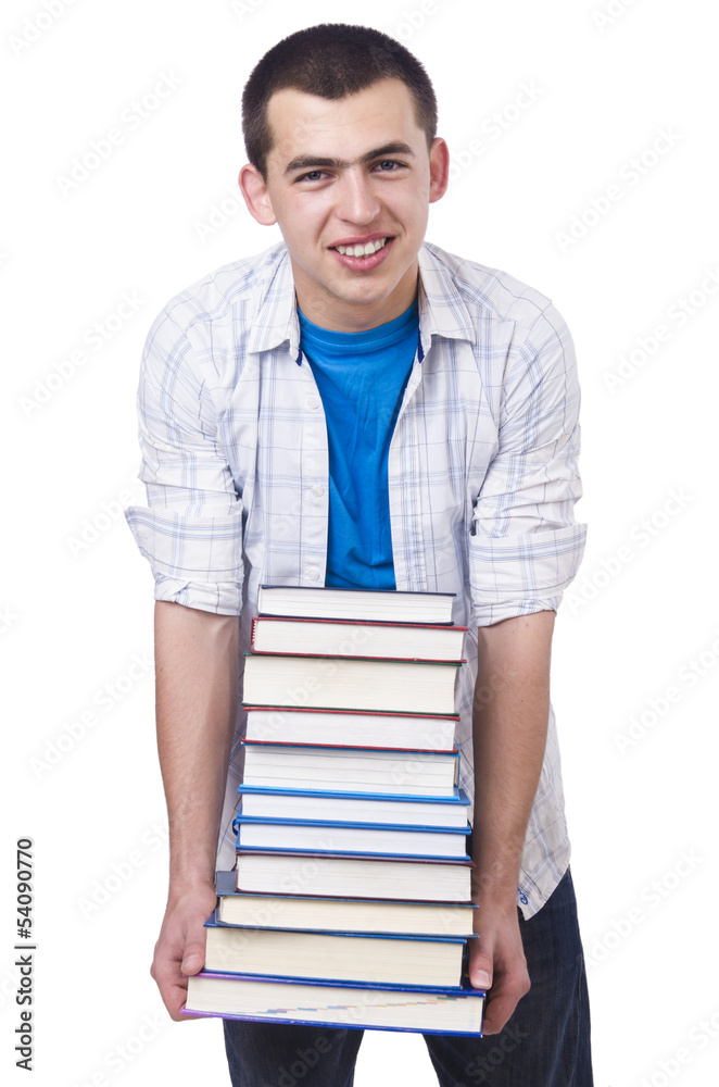 Student with lots of books on white Student with lots of books on white