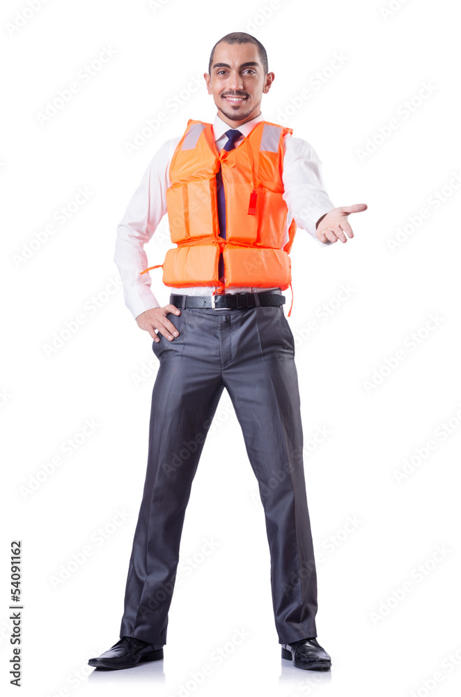 Man in life jacket isolated on white Man in life jacket isolated on white