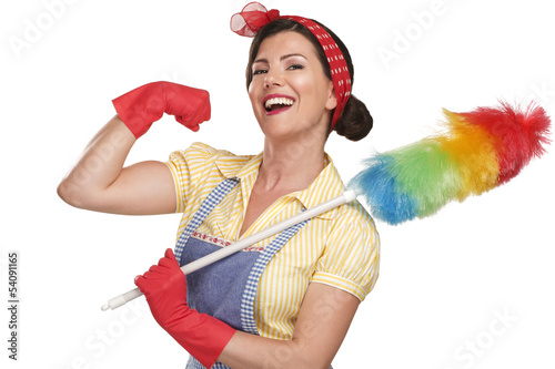 young happy beautiful woman maid dusting on white photo