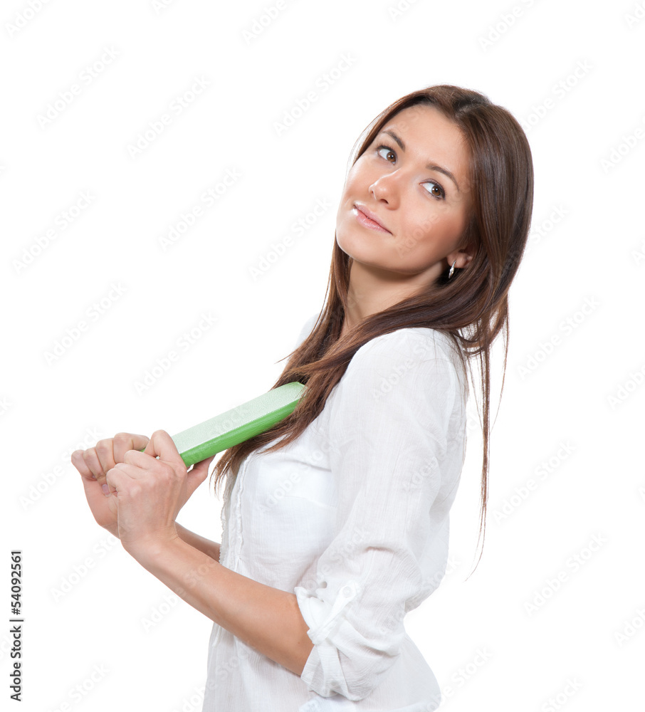 Pretty business woman smiling, holding notepad, copy-book Pretty business woman smiling, holding notepad, copy-book