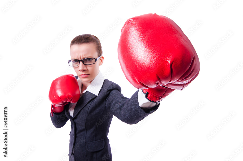 Woman with boxing gloves on white Woman with boxing gloves on white