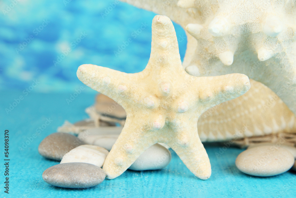White starfishes on blue wooden table on sea background White starfishes on blue wooden table on sea background