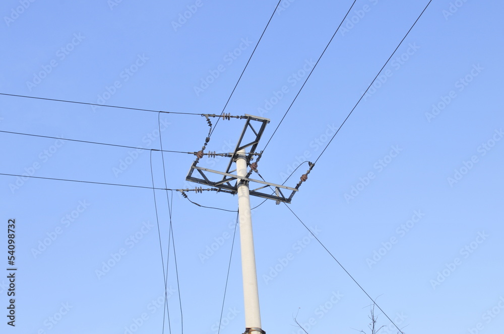 Telephone poles and wires and the blue sky