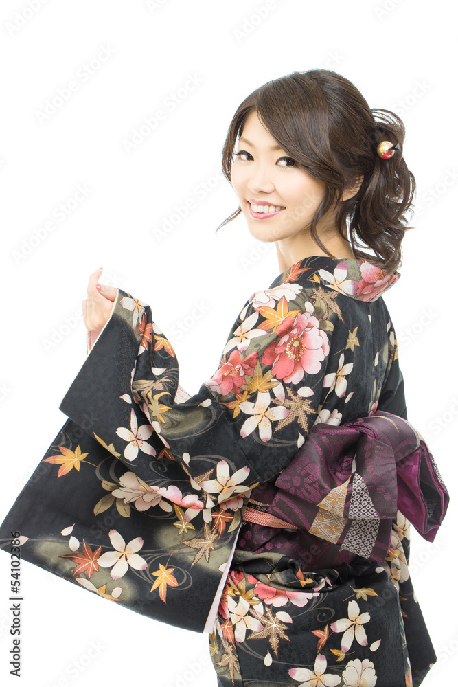 Beautiful japanese kimono woman isolated on white background