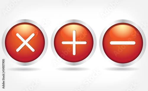 Red glass buttons with plus signs, minus and cross