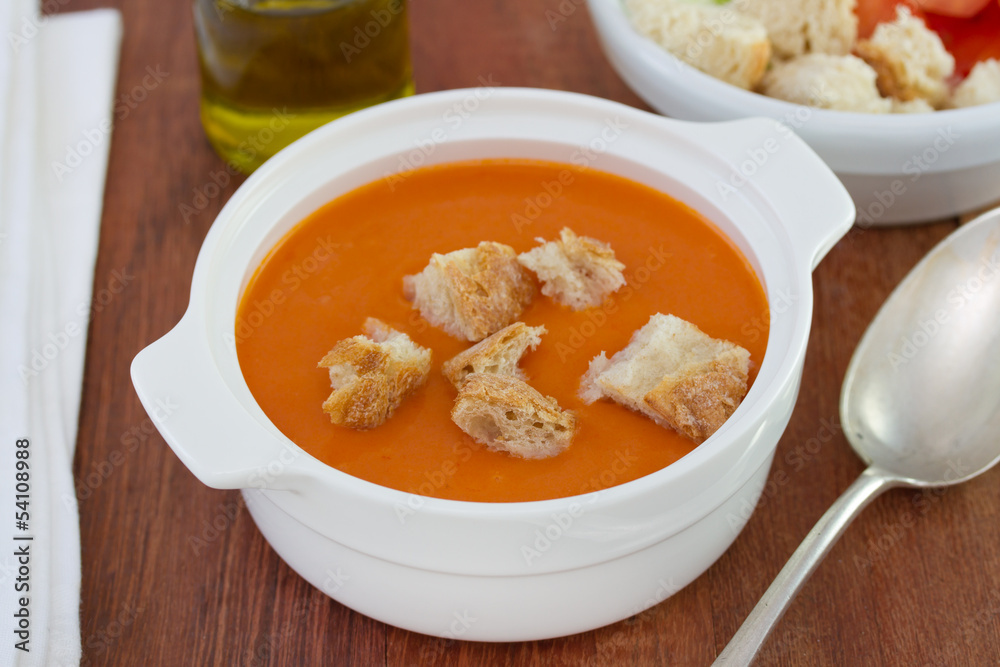 gazpacho with bread in white bowl gazpacho with bread in white bowl