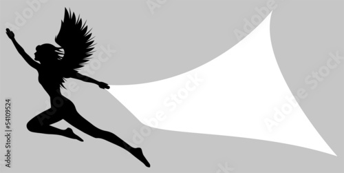 silhouette di donna con ali che sorregge un cartello