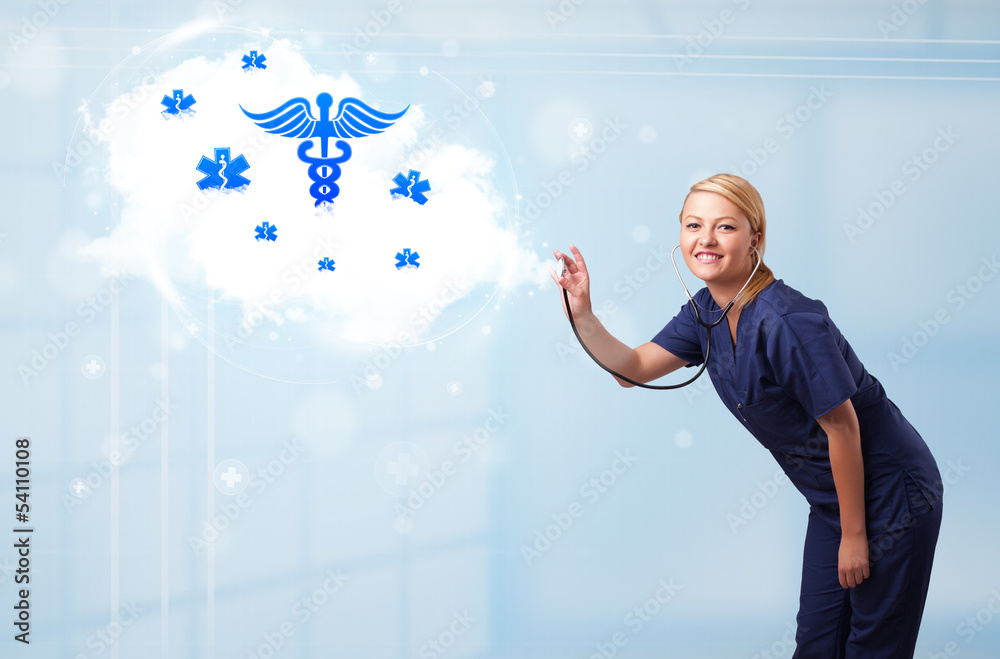 Young doctor with abstract cloud and medical icons Young doctor with abstract cloud and medical icons