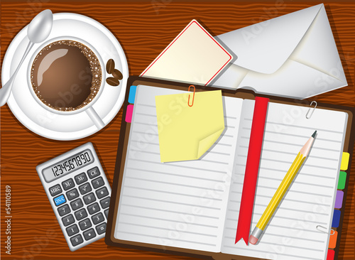 daily planner, coffee and stationery