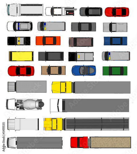 Set of Various Isolated Cars, Top View Position 