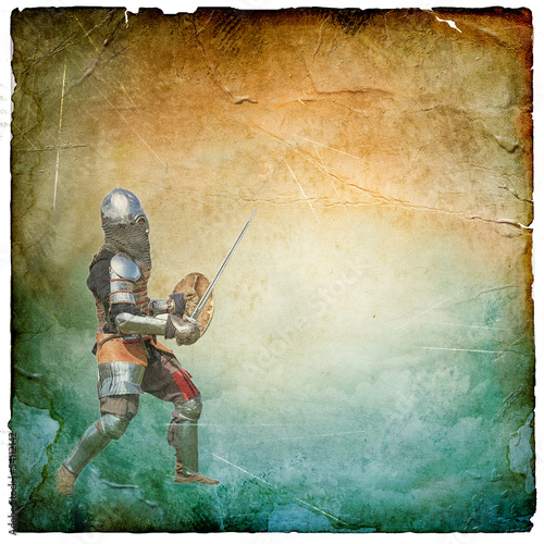 Armored knight with sword and shield - retro postcard