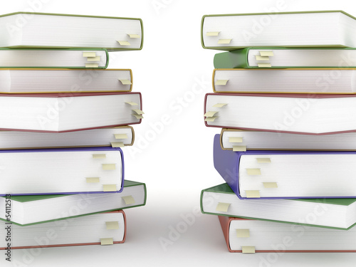 Two stacks of books with bookmarks