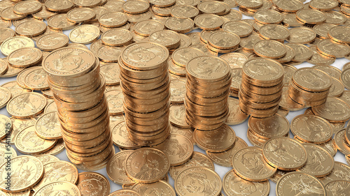 Diagram of golden dollar coins over layer of coins