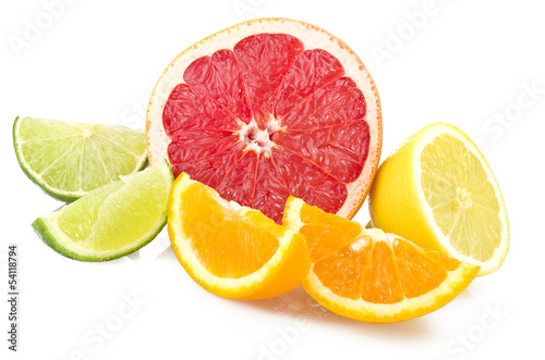 Orange lemon grapefruit and lime sliced on the white