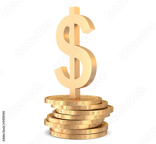 Stack of golden dollar coins on white with sign of dollar