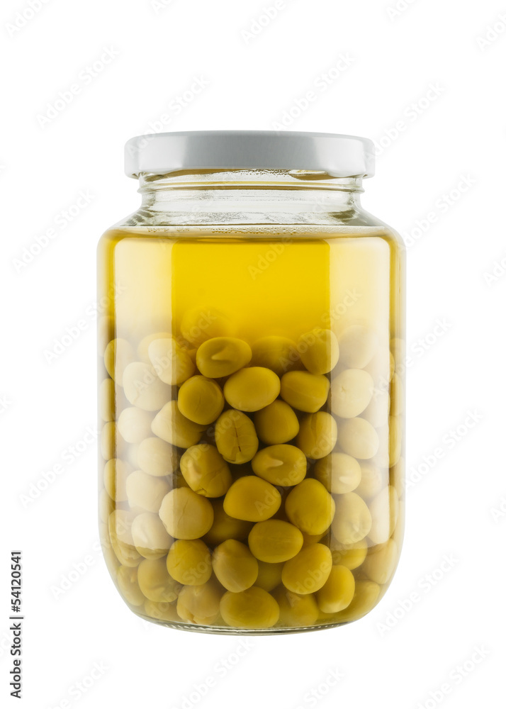 Preserved peas in glass jar isolated on white background Preserved peas in glass jar isolated on white background