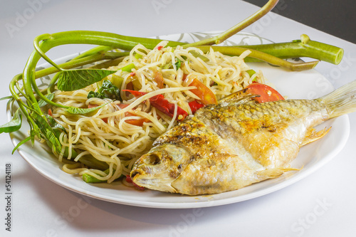 spicy thai food with grilled fish photo