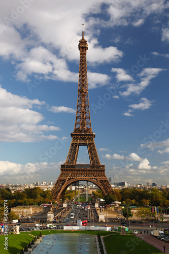 Eiffel Tower with fountain in Paris, France