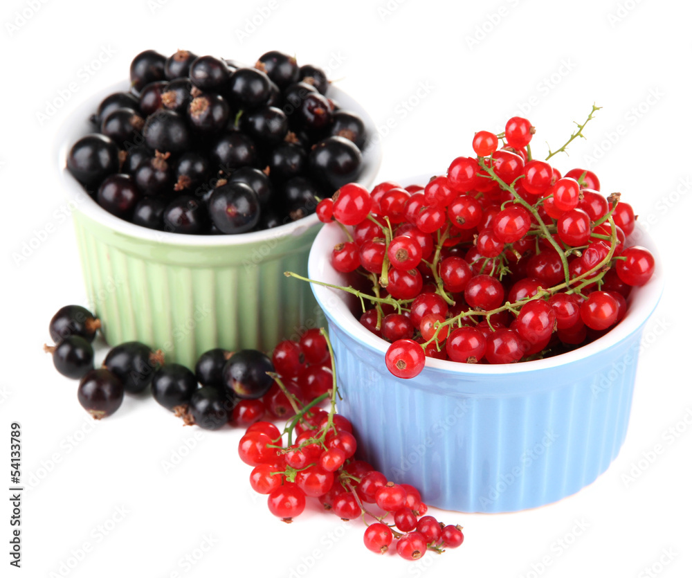 Red and black currant in bowls isolated on white Red and black currant in bowls isolated on white