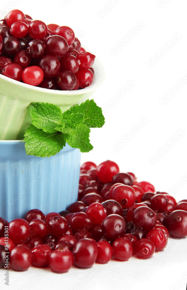Ripe red cranberries in bowls, isolated on white. Ripe red cranberries in bowls, isolated on white.