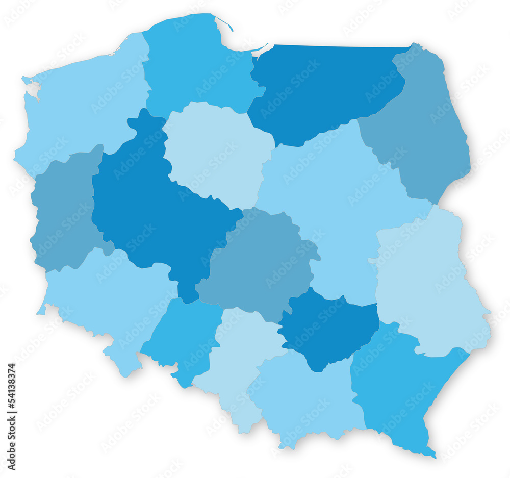 Obraz premium Niebieska wektorowa mapa Polski z województwami