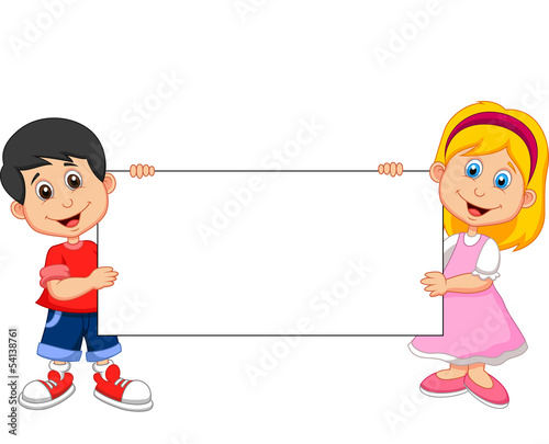 Boy and girl holding blank sign