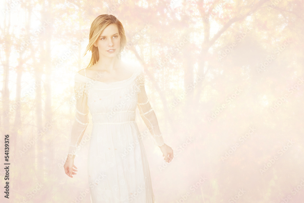 Beautiful Woman Wearing Evening Dress Looking Away In Forest Beautiful Woman Wearing Evening Dress Looking Away In Forest