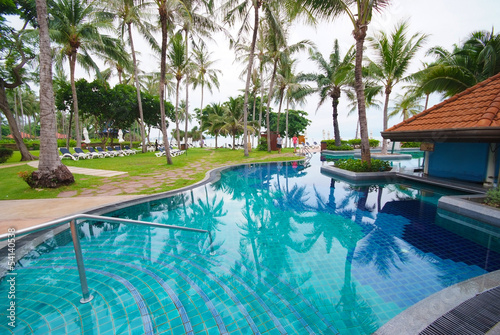 Swimming pool beside the sea with coconut tree.