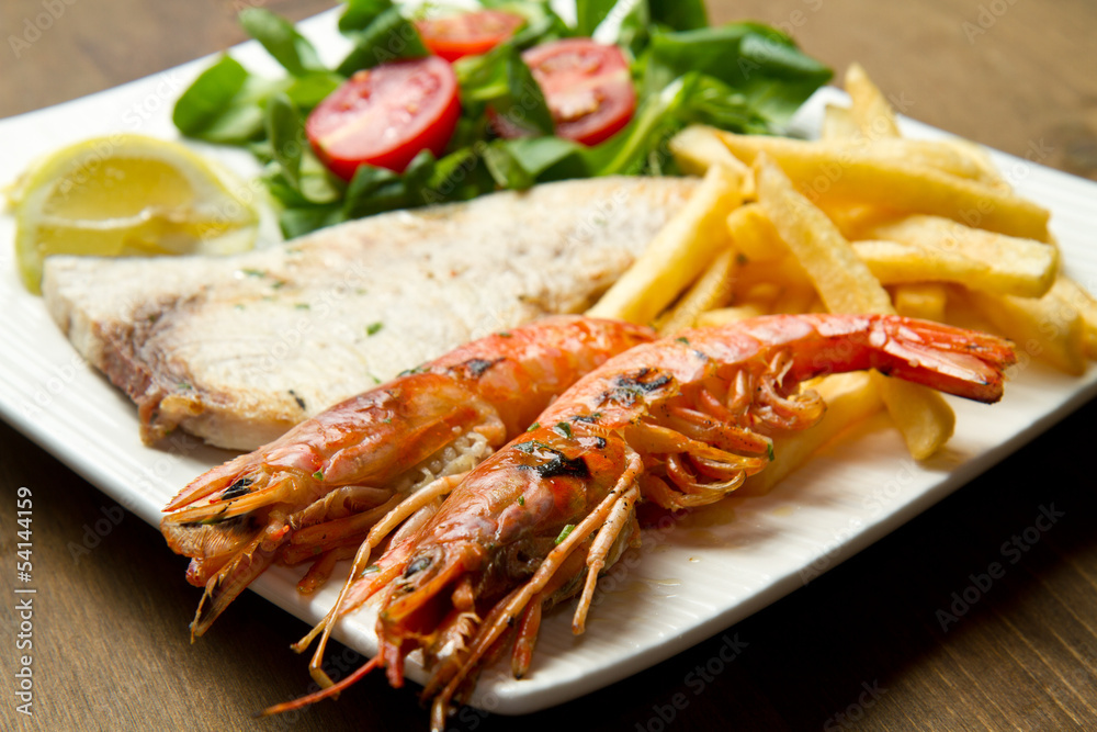 swordfish and grilled prawns with potatoes swordfish and grilled prawns with potatoes