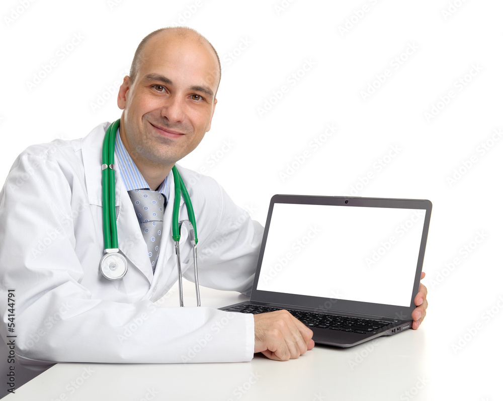 doctor and laptop computer with blank screen doctor and laptop computer with blank screen