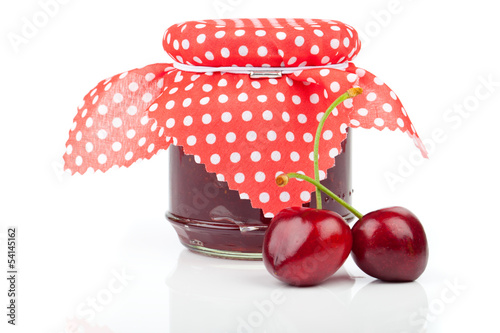 Cherry jam jar isolated on white