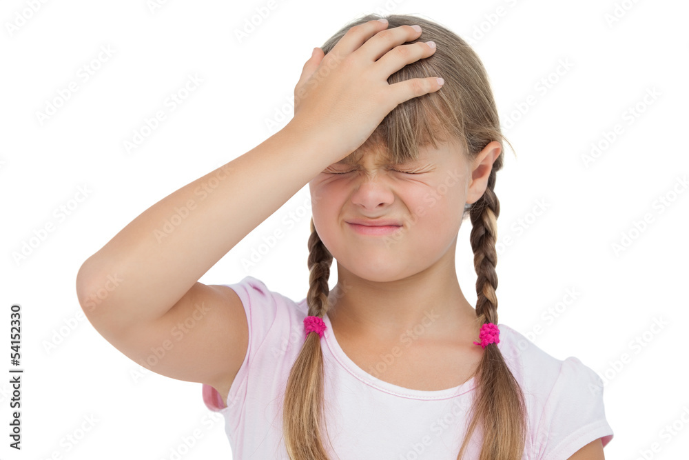 Little girl suffering from headache and touching her head Little girl suffering from headache and touching her head