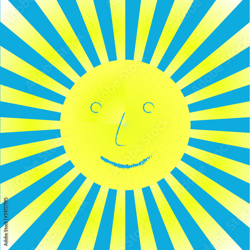 Lachende Sonne mit Strahlen und blauem Hintergrund