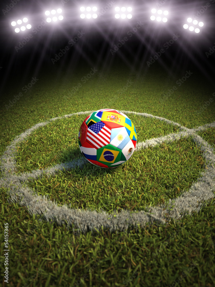 Naklejka premium Soccer ball on field with participating countries