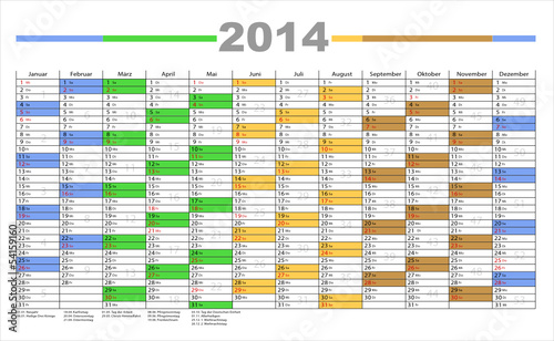 Jahresplaner 2014 incl Kalenderwochen in bunt